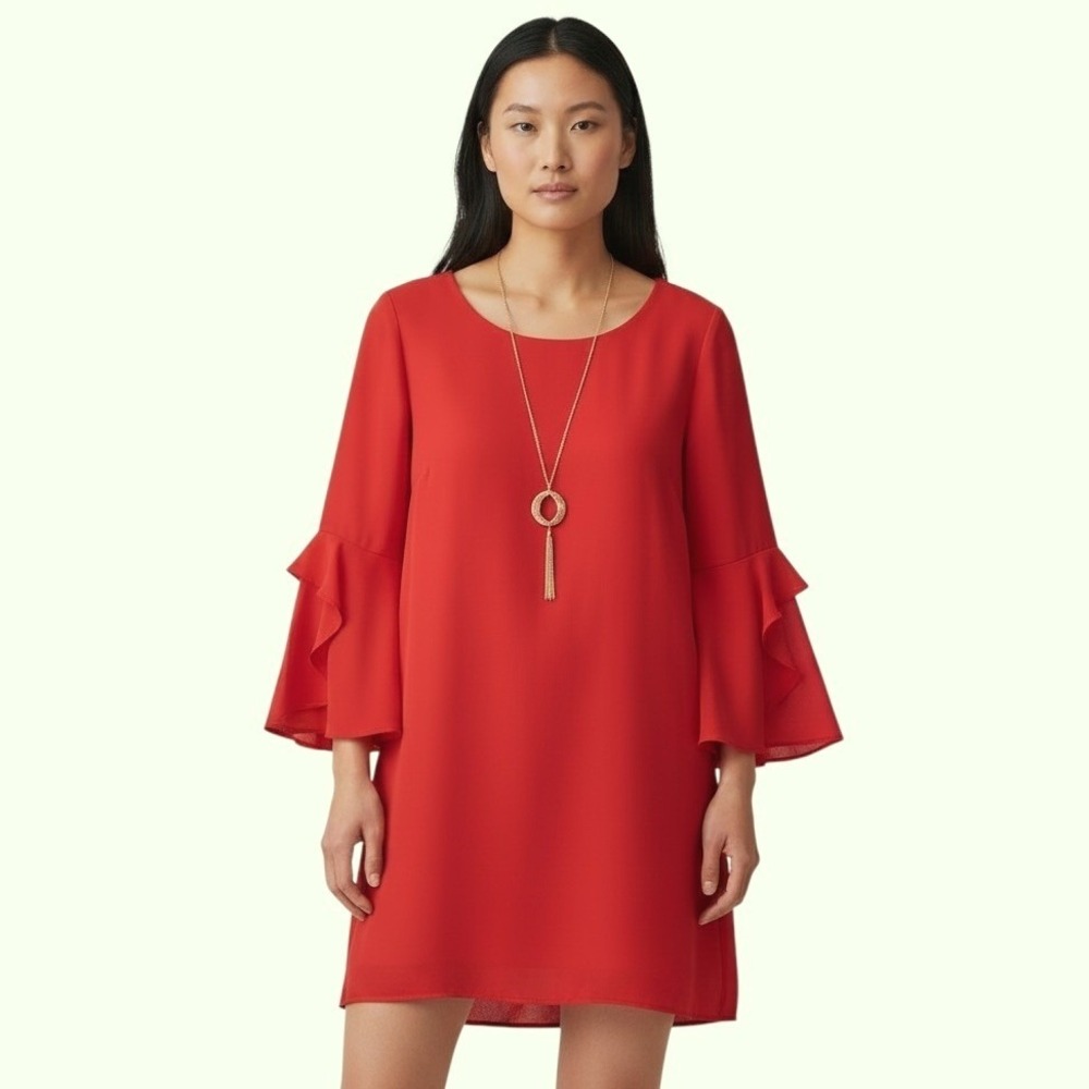 Thalia Sodi Womens Lipstick‎ Red Tiered Bell Sleeve Shift Dress Large NWT
